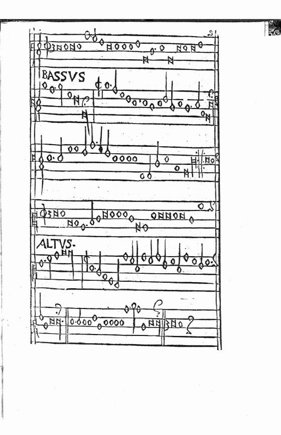 Digitalización del folio 40 recto de la Historia Baetica de Carlo Verardi, contiene las voces bassus y altus de la partitura de Viva el Gran Re don Fernando, impresa mediante tacos xilográficos en notación mensural blanca