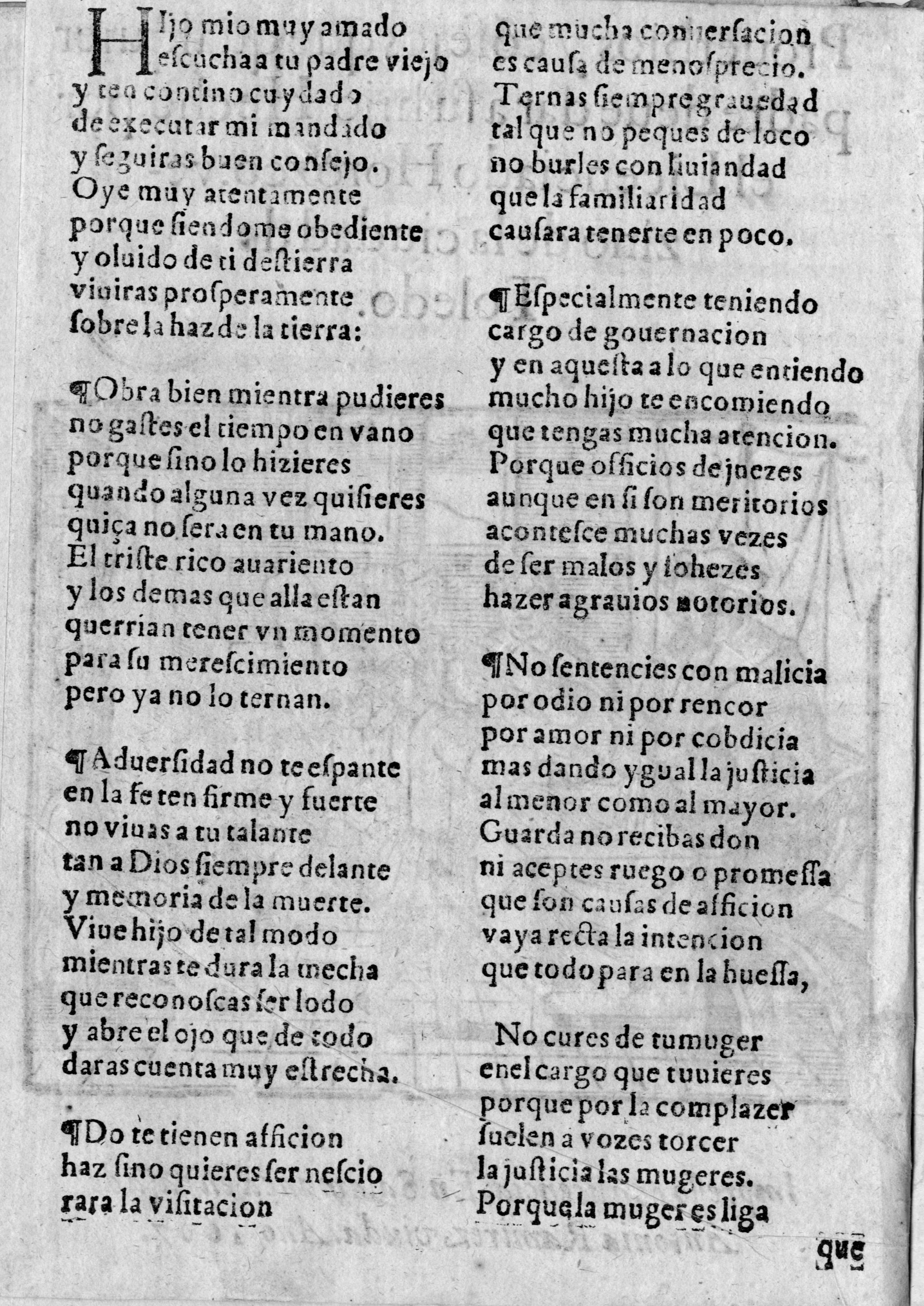 Digitalización del folio 1 perteneciente a la obra: "Prouerbios y cōnsejos que qualquier padre deue dar a su hijo".