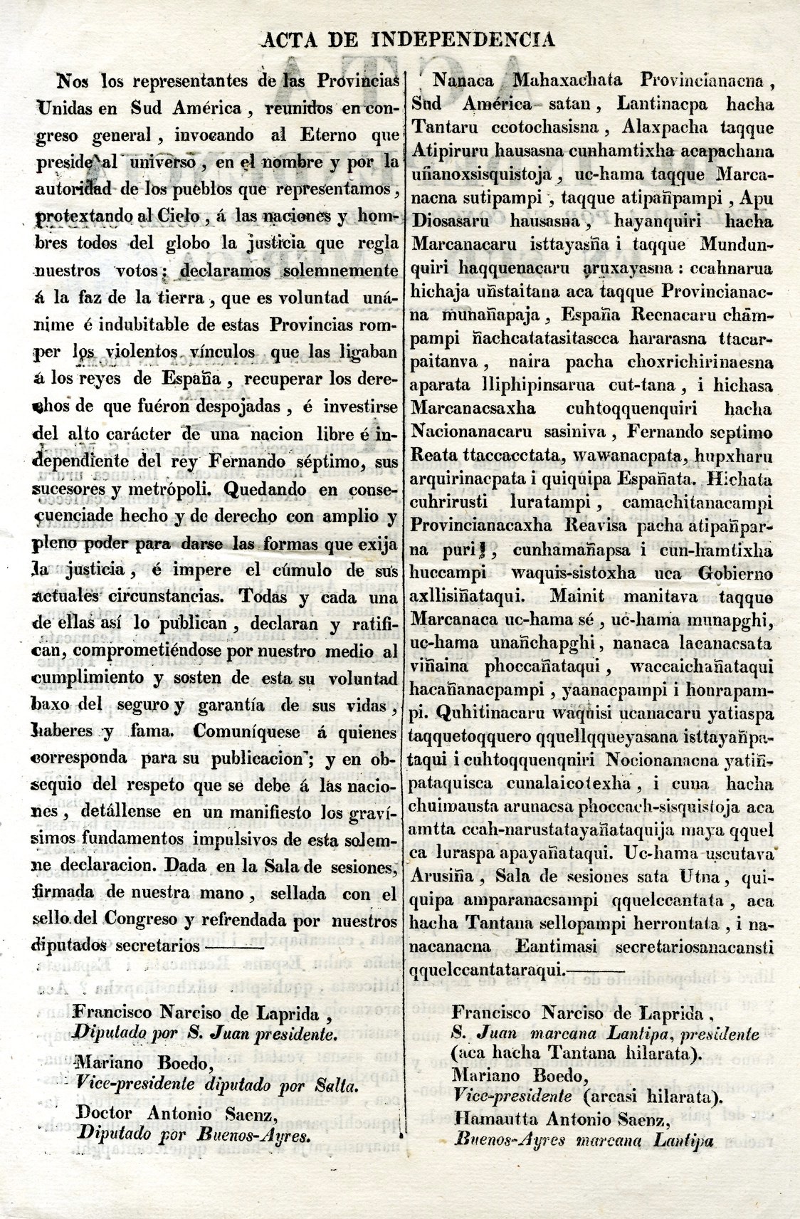 Acta de la declaración Independencia de las Provincias Unidas del Sur en aymara