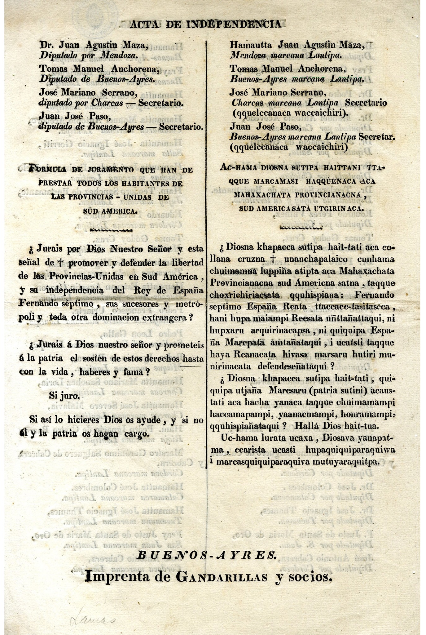 Acta de la declaración Independencia de las Provincias Unidas del Sur en aymara