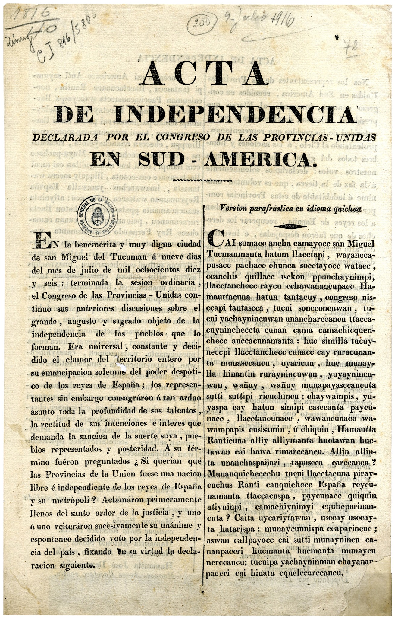 Acta de la declaración Independencia de las Provincias Unidas del Sur en quechua