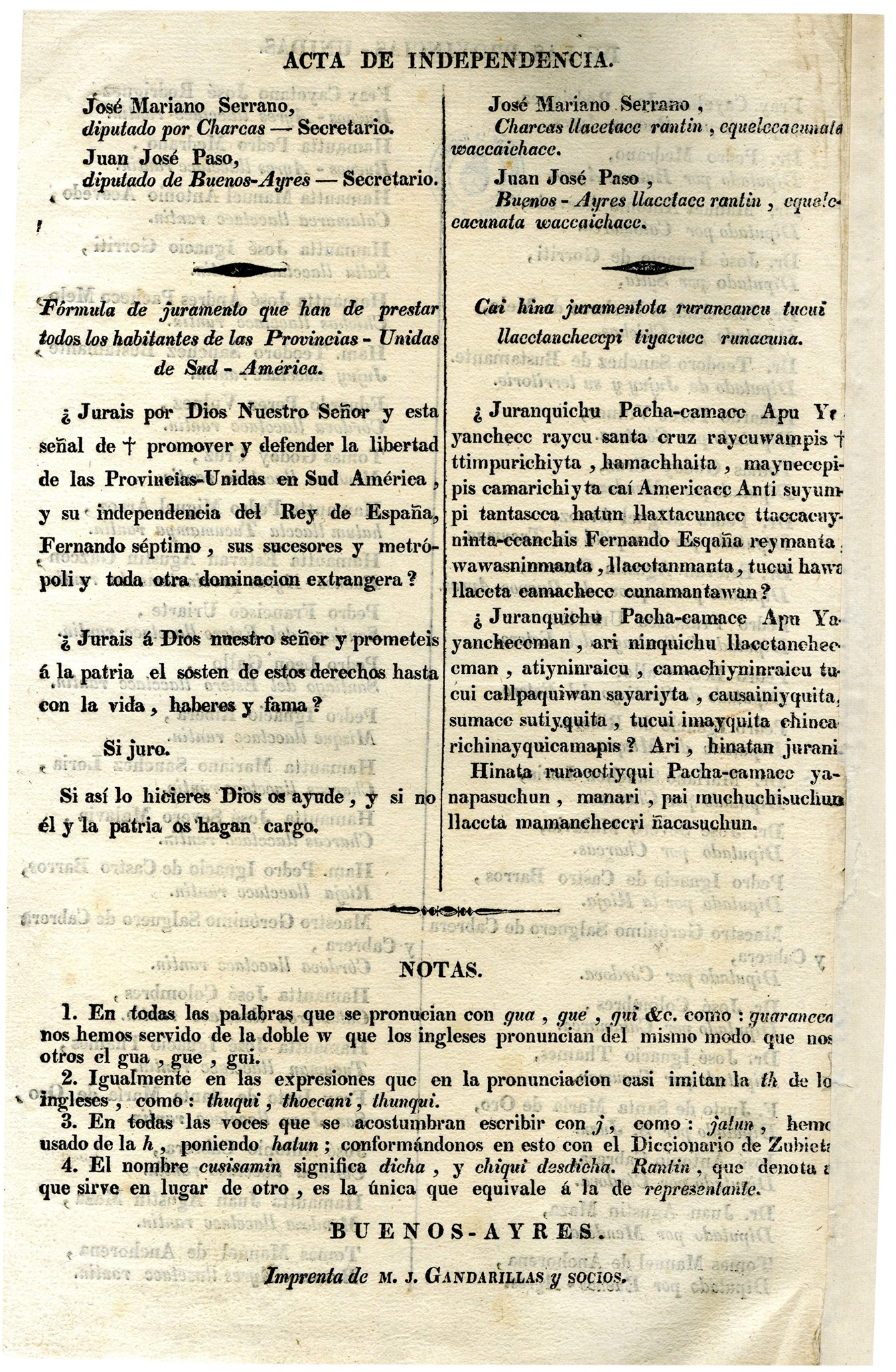 Acta de la declaración Independencia de las Provincias Unidas del Sur en quechua